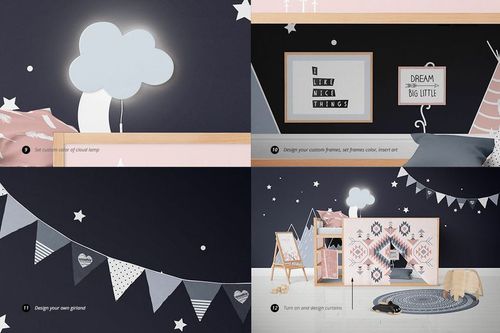 Kids bedroom mockup featuring a bunk bed, cloud lamp, framed wall art, bunting, and patterned curtains in pastel colors.