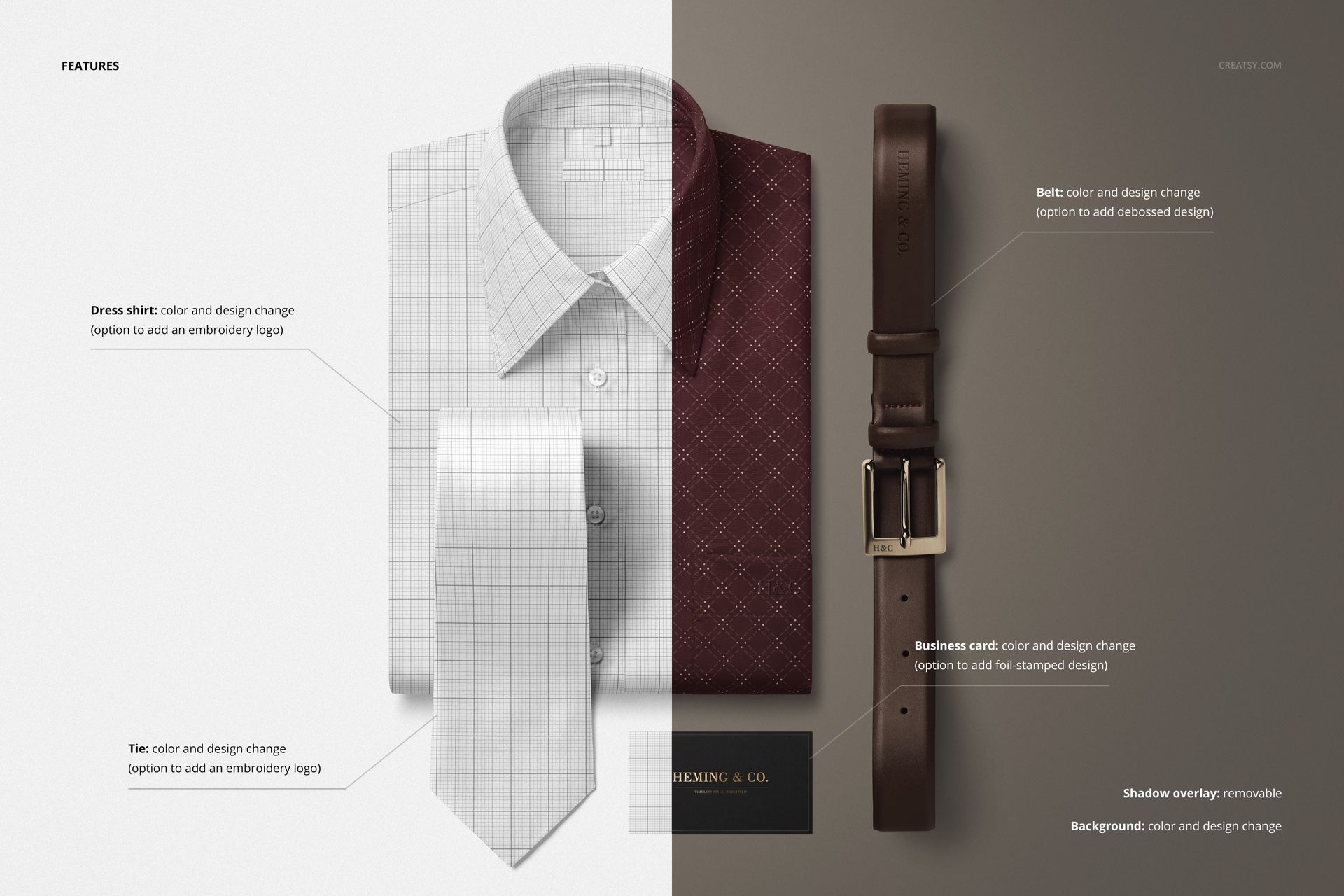 Front view of a men’s dress shirt with a tie, leather belt, and business card, shown in a PSD mockup with editable features.
