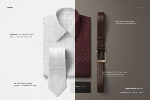 Front view of a men’s dress shirt with a tie, leather belt, and business card, shown in a PSD mockup with editable features.