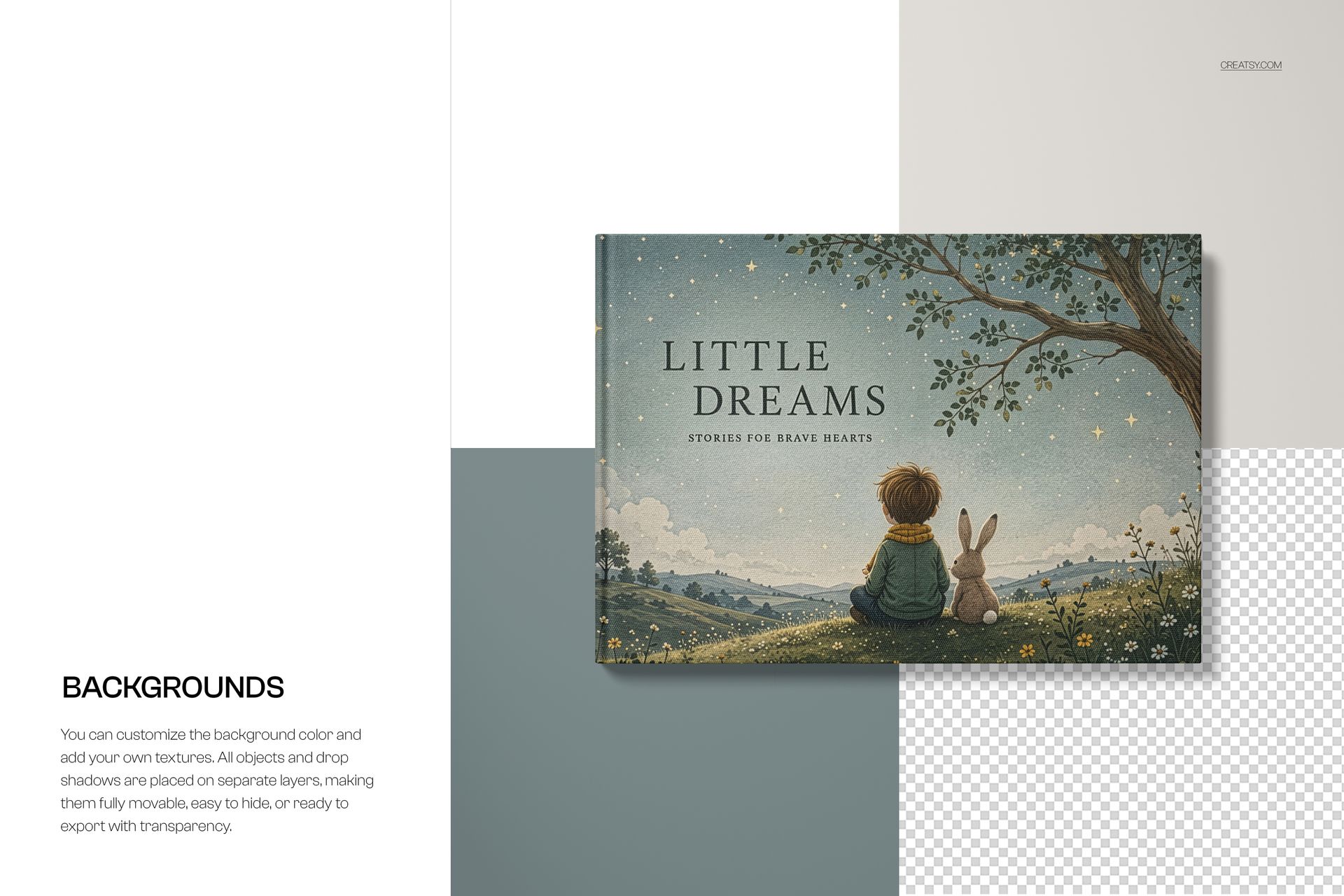 A4 landscape book mockup featuring a cover with an illustrated child and bunny sitting under a tree at dusk.