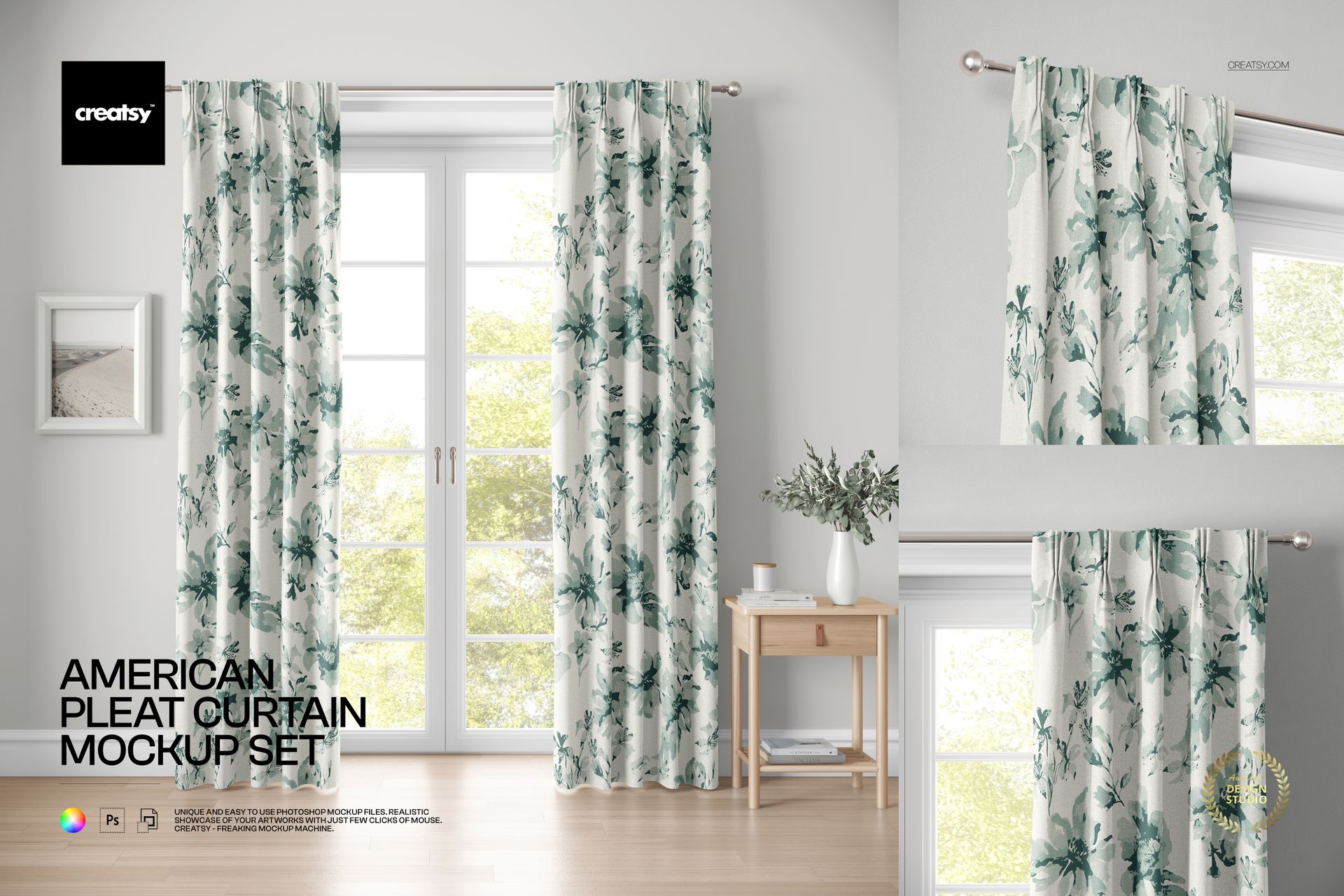 PSD mockup showing American pleat curtains with leafy design on a metal rod, styled in a sunlit interior.
