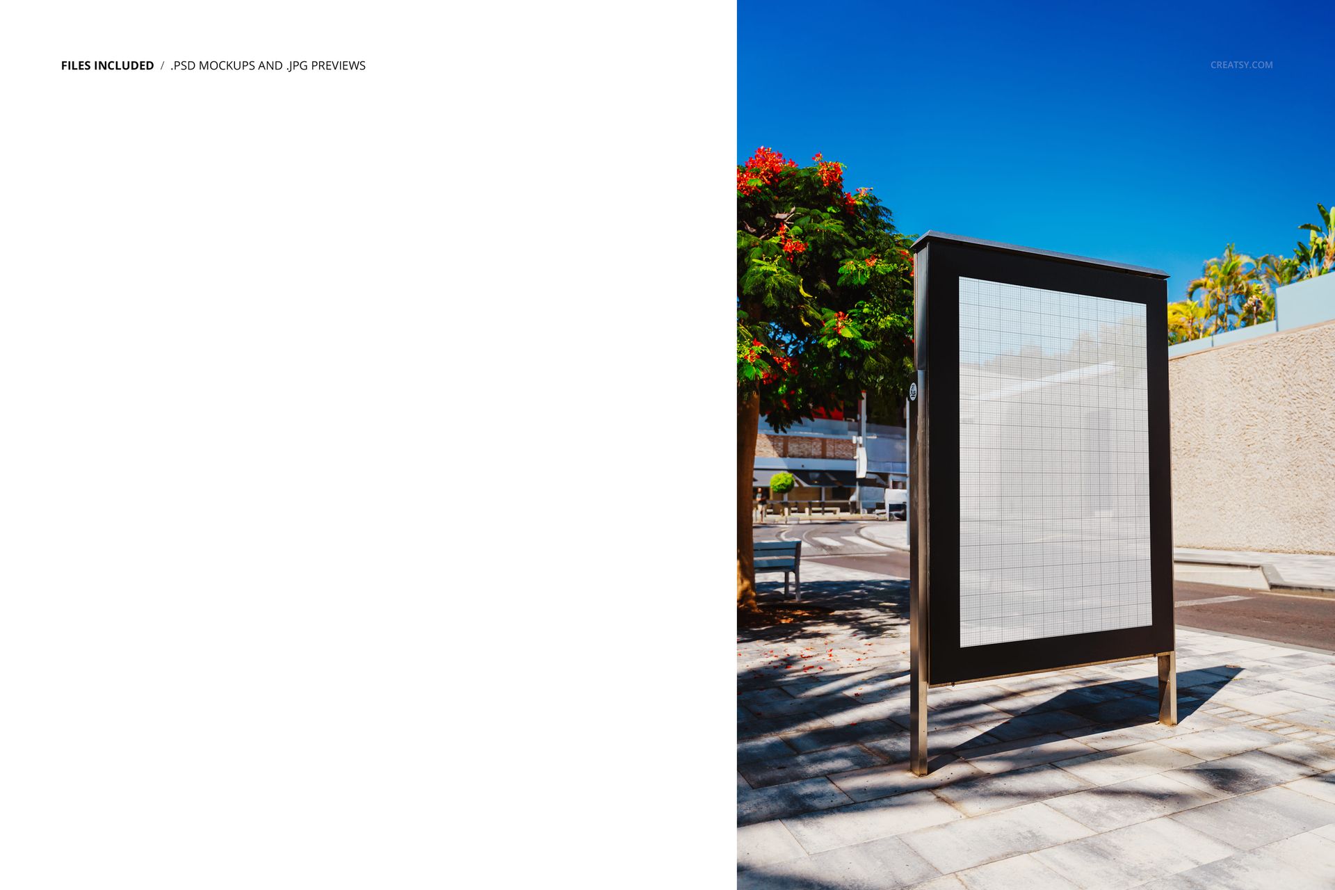 Outdoor poster mockup displayed on a sunny sidewalk, featuring a large rectangular frame with grid overlay and urban surroundings.
