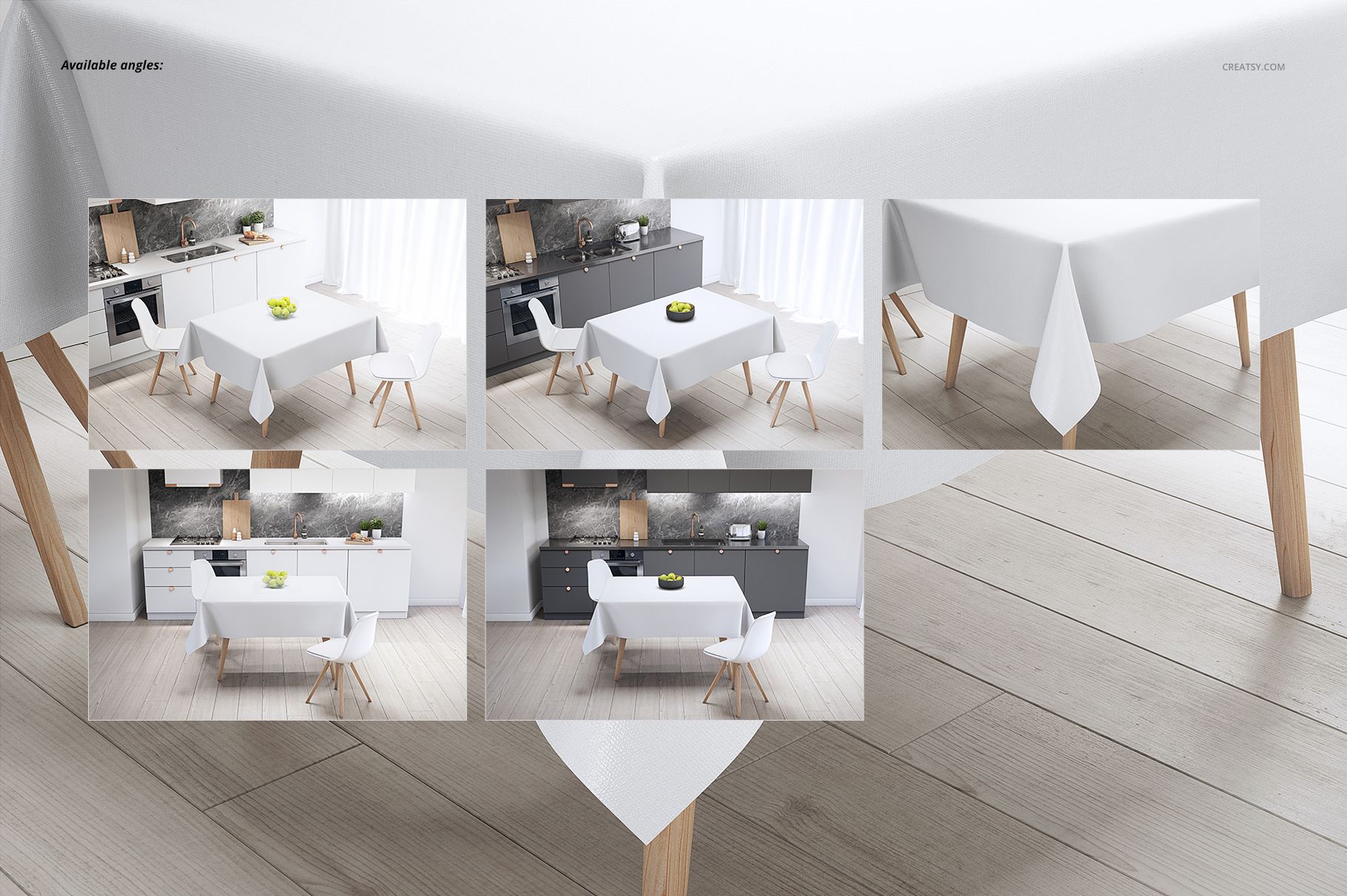 Tablecloth mockup set featuring a white tablecloth on a rectangular dining table in a modern kitchen scene.
