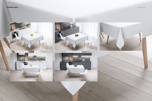 Tablecloth mockup set featuring a white tablecloth on a rectangular dining table in a modern kitchen scene.
