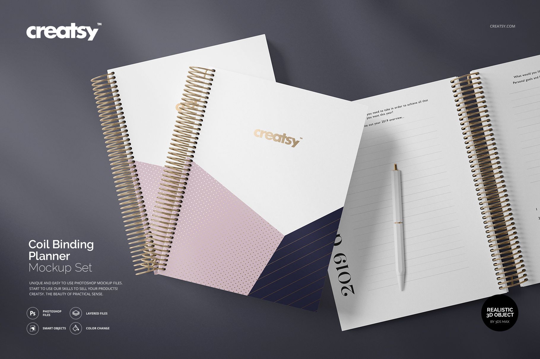 Coil binding planner mockup with geometric cover design, shown in front and open views on a dark surface.