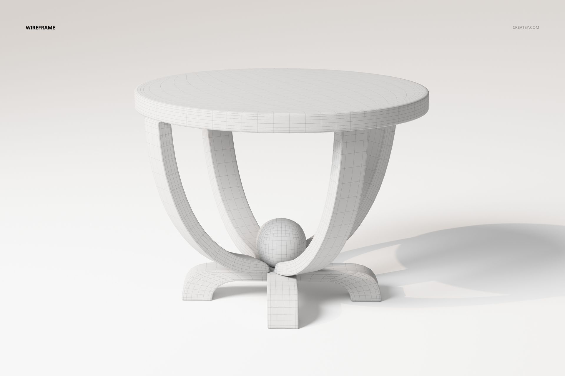 Round coffee table 3D model in white wireframe style, featuring curved legs and a central spherical accent.