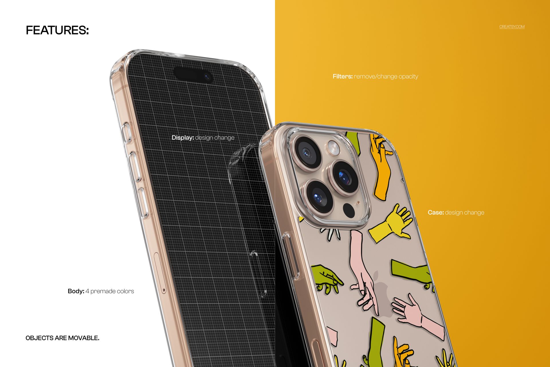 Clear phone case mockup for iPhone 16 Pro Max, shown with colorful hand illustrations and a grid screen, front and angled view.