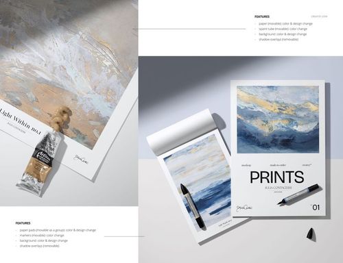PSD mockup set showing art paper prints, drawing supplies, and painting tools in a realistic studio-inspired arrangement.