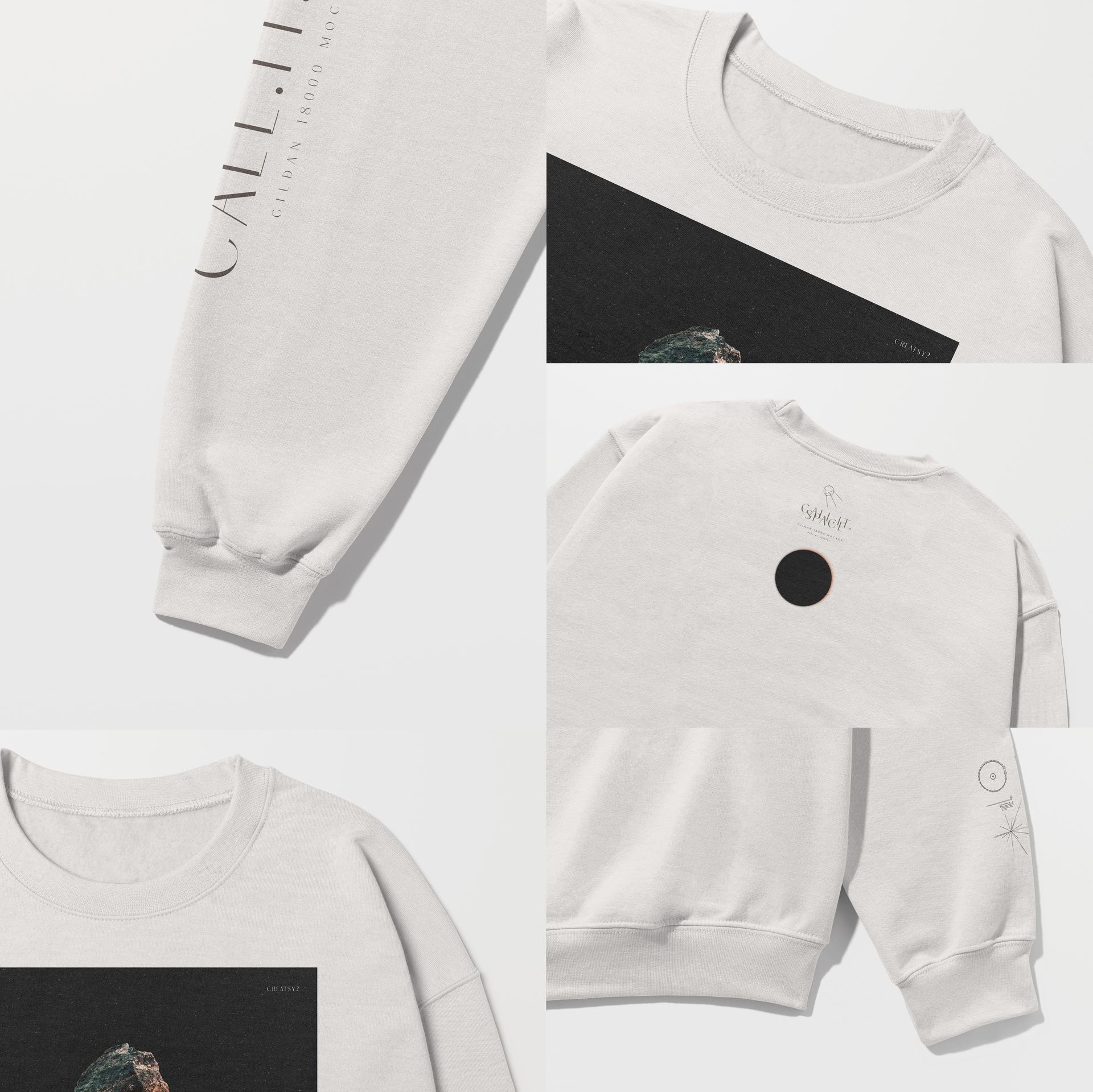 Collage of a light gray adult sweatshirt mockup shown from front, back, and sleeve angles on a plain background.