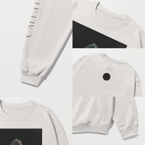 Collage of a light gray adult sweatshirt mockup shown from front, back, and sleeve angles on a plain background.