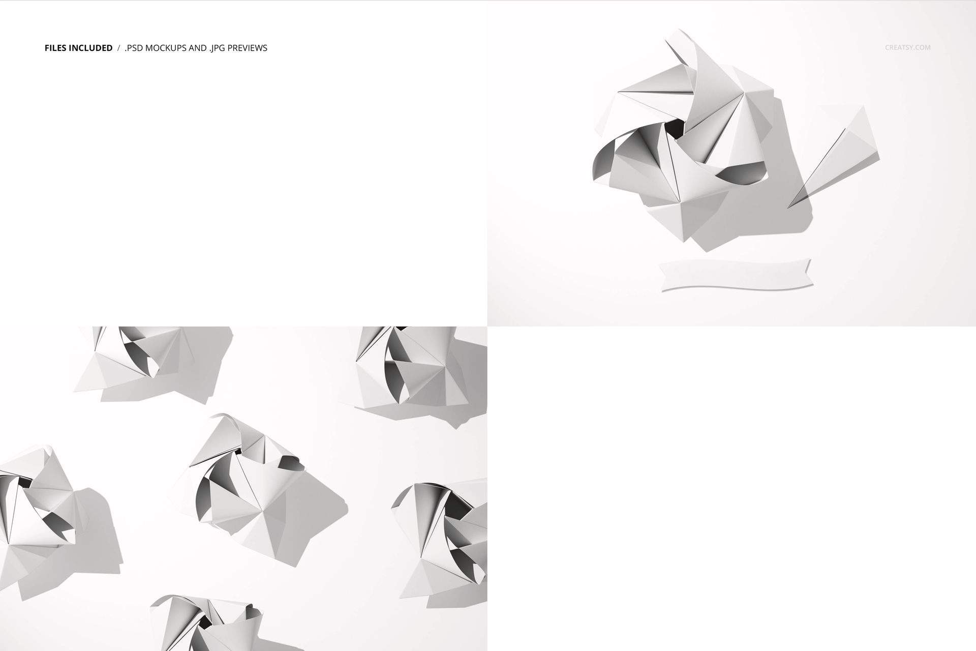 Origami rose mockup set featuring folded paper flowers in white, shown from various angles on a clean background.