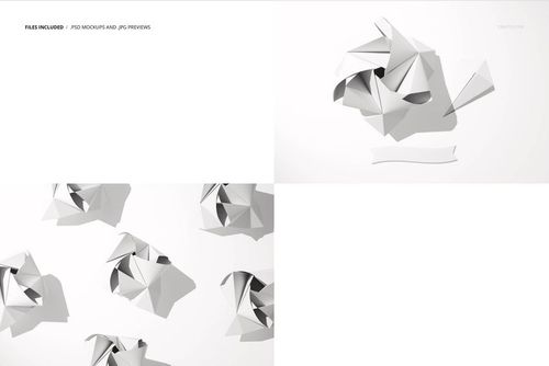 Origami rose mockup set featuring folded paper flowers in white, shown from various angles on a clean background.