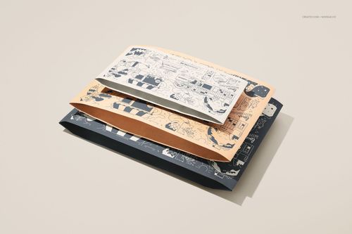 PSD mockup of kraft mailer packaging with assorted graphic prints, viewed from above with soft shadows and minimal props.