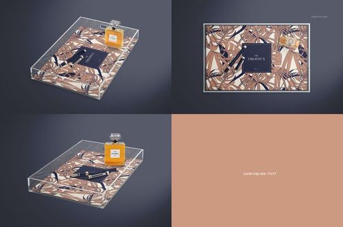 Lucite tray mockup set in various sizes, featuring transparent trays with abstract patterned inserts and perfume props.