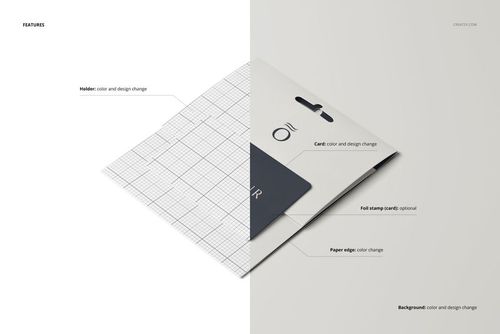 Front view of a stationery gift card mockup set with a white card holder, grid pattern, and customizable elements.
