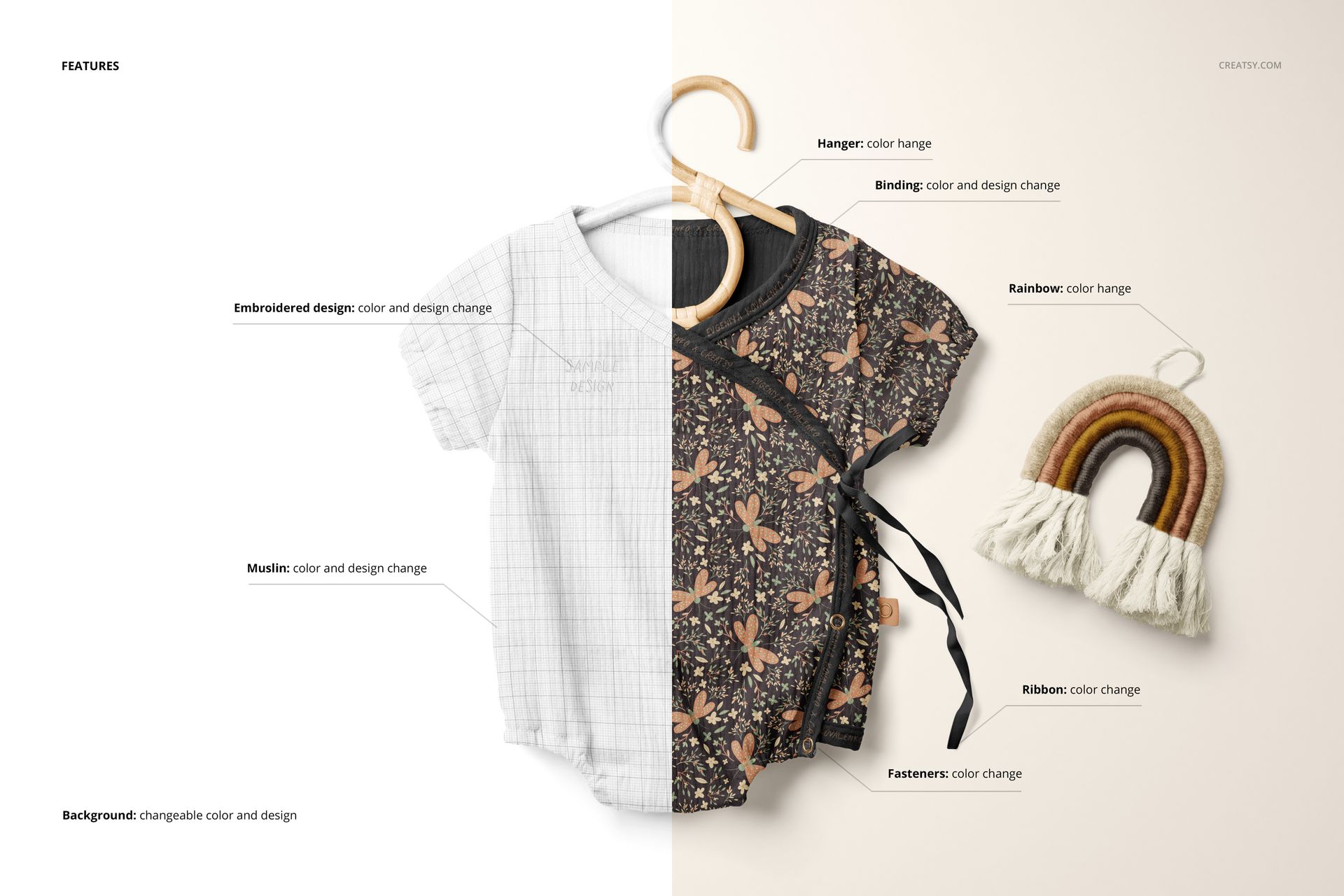 Muslin onesie mockup set showing a split design, with one side in white and the other in dark floral, on a light background.