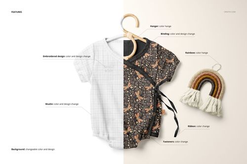 Muslin onesie mockup set showing a split design, with one side in white and the other in dark floral, on a light background.