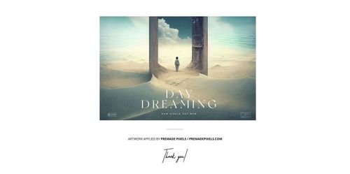 Top view of a vinyl record cover mockup featuring surreal desert artwork with a person standing near a doorway.