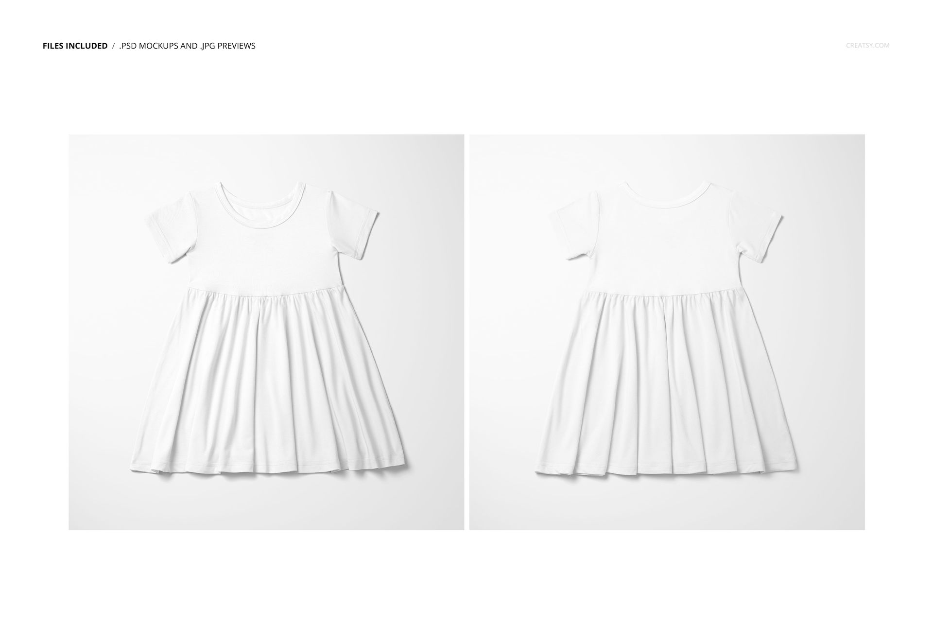 Front and back views of a toddler skater dress mockup in plain white, displayed on a clean white background.