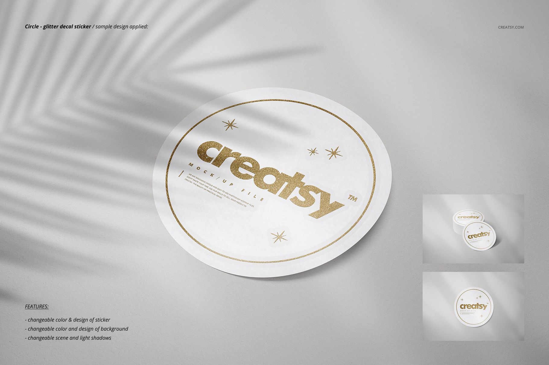 Round decals sticker with gold glitter design on white background, shown in a front view mockup with soft shadows.