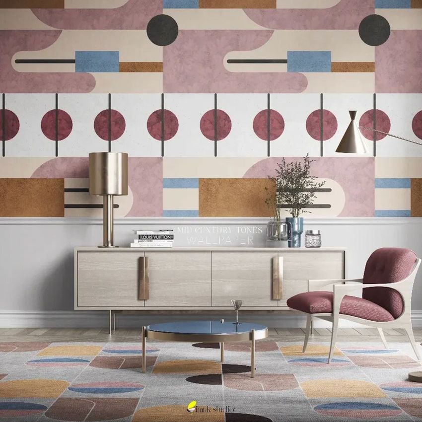 Modern mid-century interior wallpaper mockup showing a geometric patterned wall behind a sideboard, armchair, and coffee table.