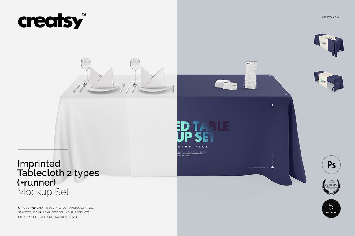 Tablecloth mockup set featuring a rectangular table with folded napkins and tableware, shown in two color styles.