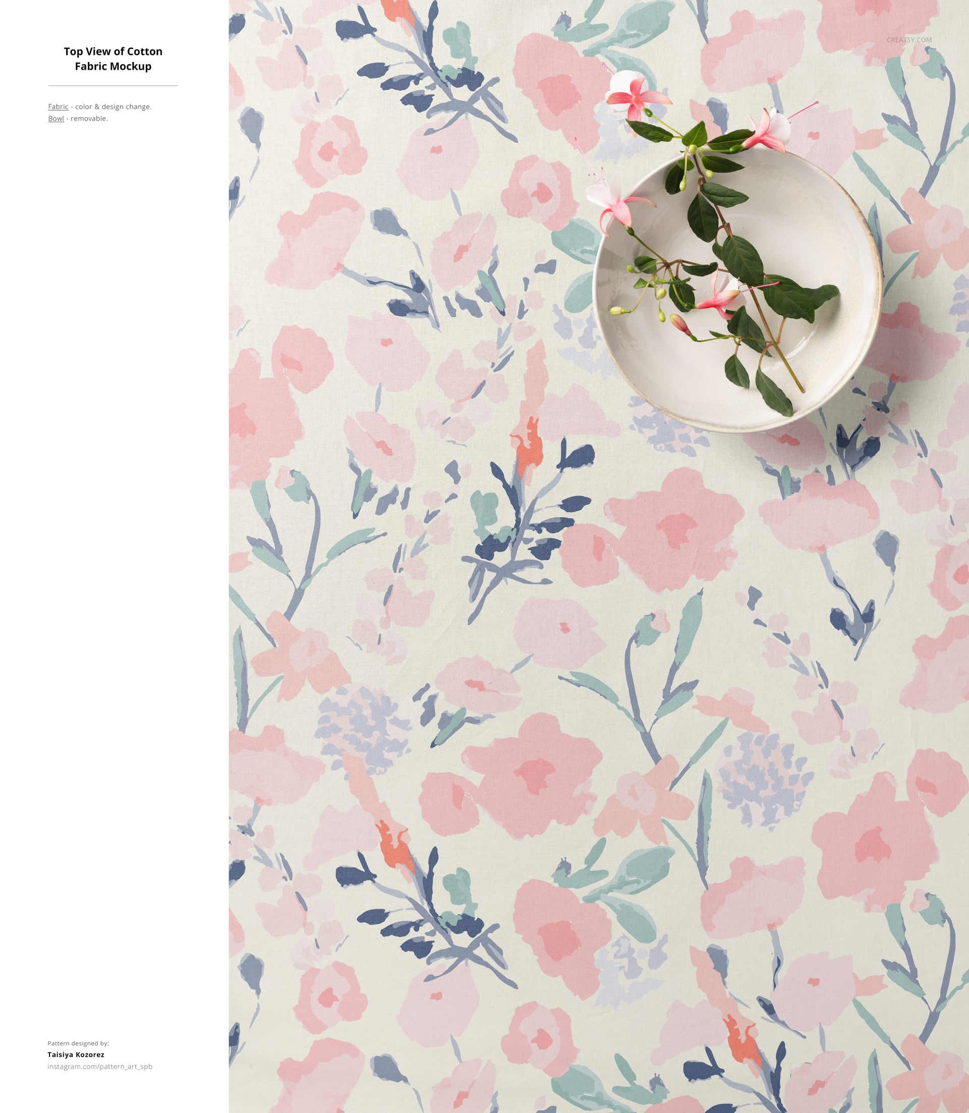 Cotton fabric mockup featuring soft pink and blue floral designs, shown from above with a bowl and decorative foliage.