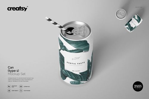 Aluminum can mockup with a tropical leaf pattern, shown from a top angle with a striped straw inserted.