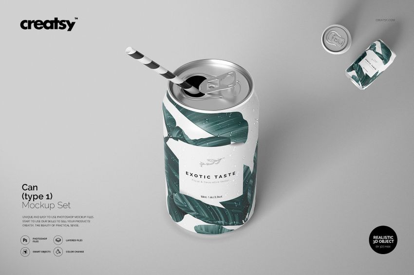 Aluminum can mockup with a tropical leaf pattern, shown from a top angle with a striped straw inserted.