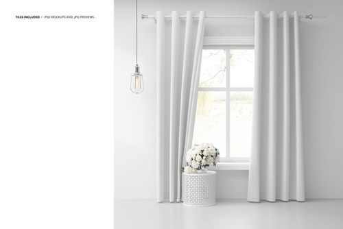 PSD mockup scene featuring light gray grommet curtains on a window, with a small table and white floral arrangement.