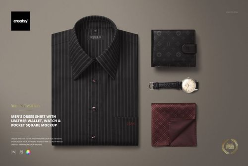 Men’s Dress Shirt with Leather Wallet, Watch & Pocket Square Mockup - mockup preview 1