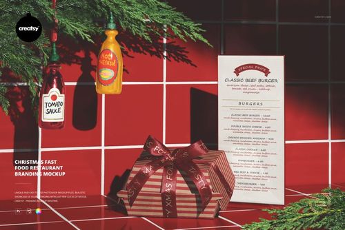 Christmas-themed fast food restaurant mockup featuring a wrapped gift, burger menu, and festive sauce bottles on a red tiled surface.