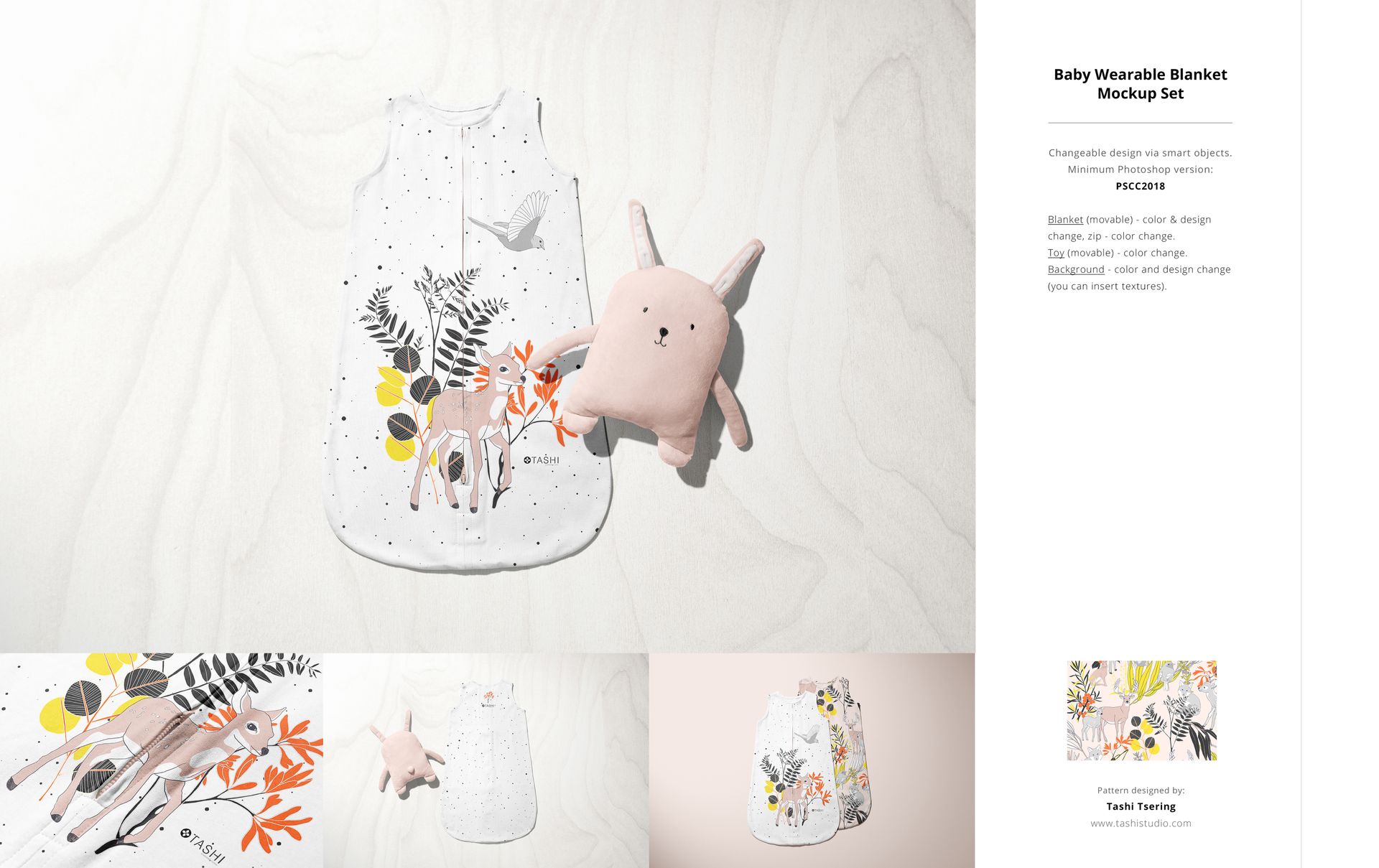 Baby wearable blanket mockup featuring illustrated deer and foliage, shown with a soft bunny plush on a pale background.