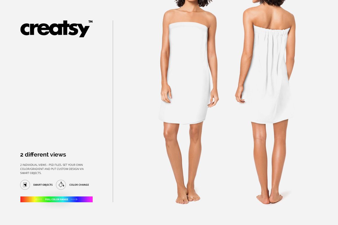 PSD mockup featuring front and rear views of an adult woman in a simple white spa wrap on a neutral background.