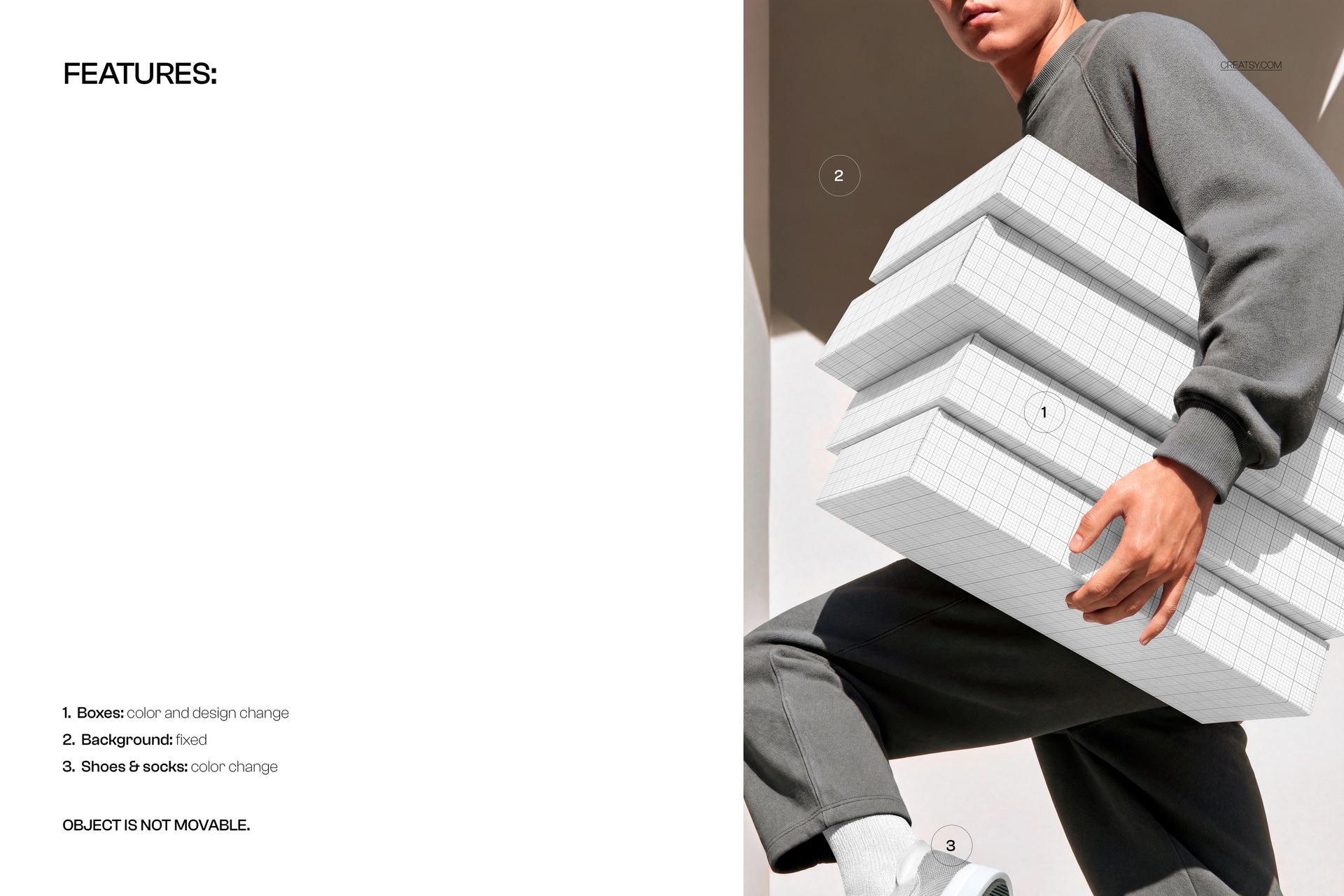 Stack of three rectangular mailer boxes with grid design held by a person, close-up side view mockup scene.