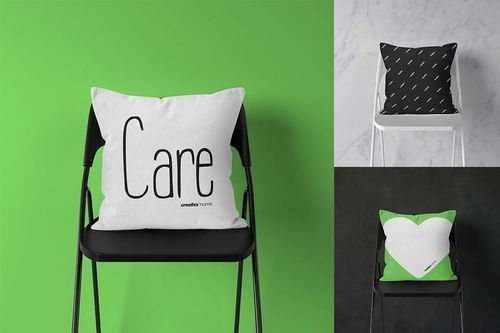 Three throw pillows shown in a mockup, with white, black, and green covers arranged on modern chairs.