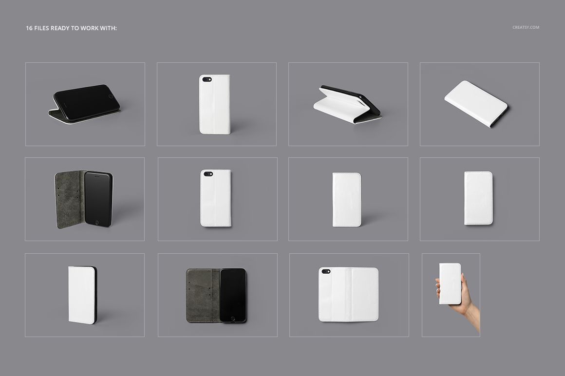 PSD mockup set of iPhone 8 foldable cases arranged in twelve sections, highlighting both closed and open case designs.