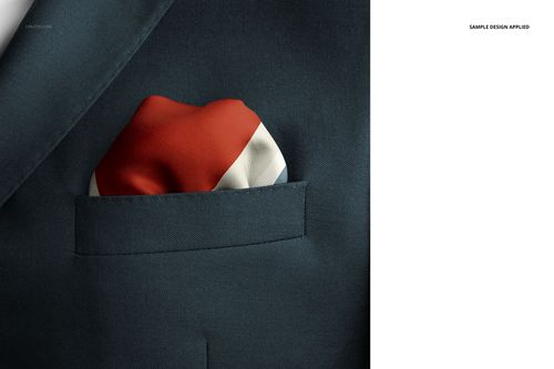 Gentleman pack pocket square mockup with a red and white design, displayed in a suit jacket pocket from the front.