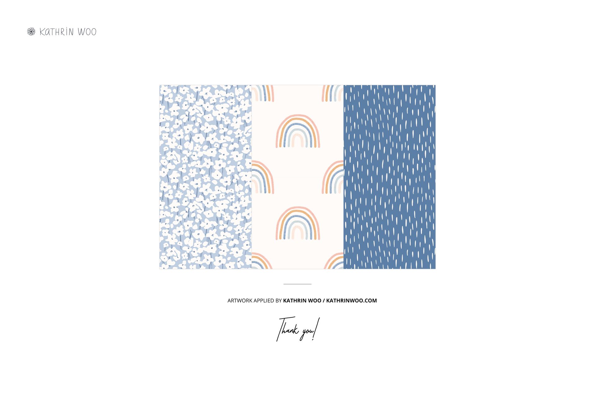 Three kids rainwear pattern mockups displayed side by side, featuring blue florals, rainbows, and blue raindrops.