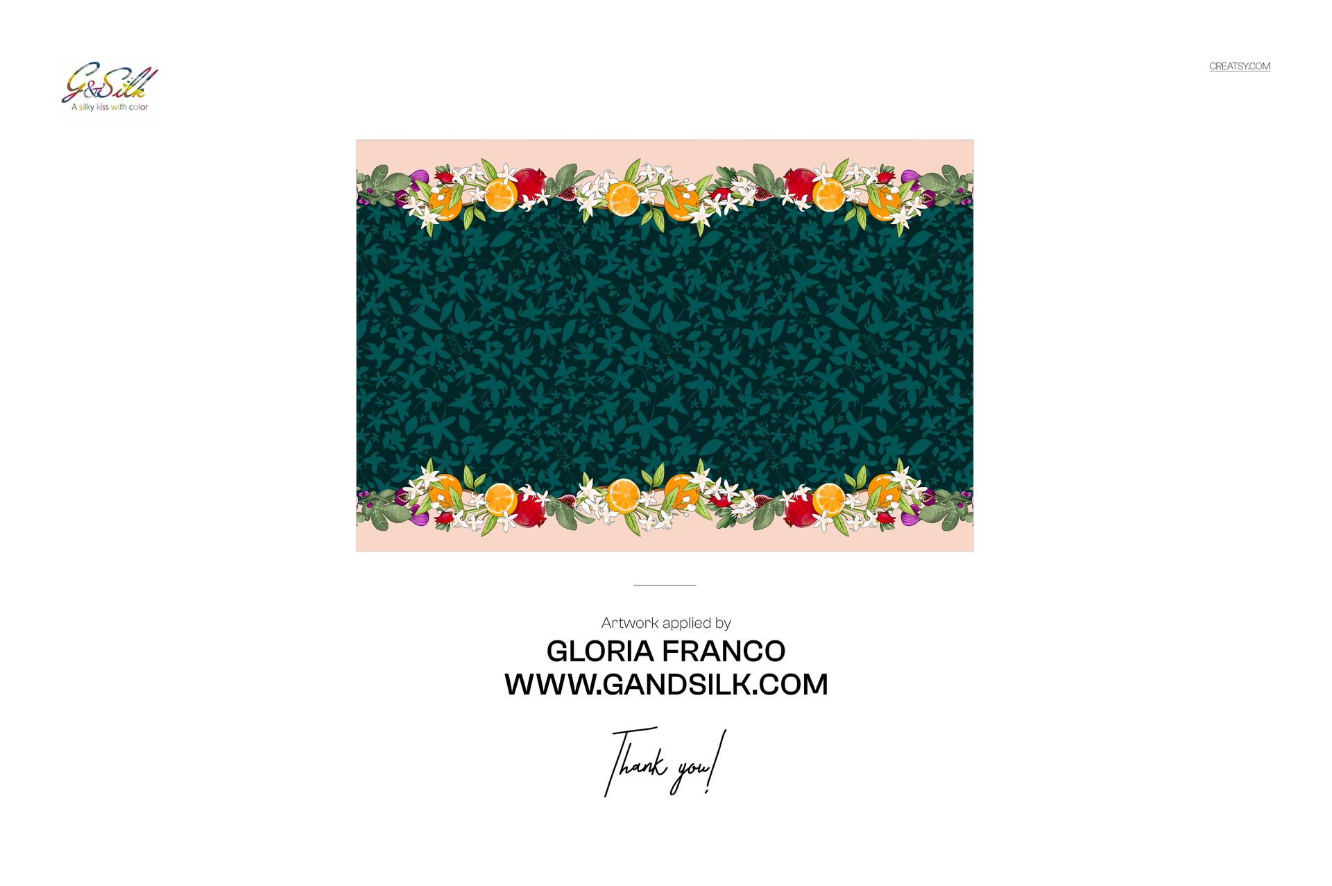 Silk scarf mockup featuring a rectangular habotai silk fabric with green leafy pattern and floral border, displayed flat.