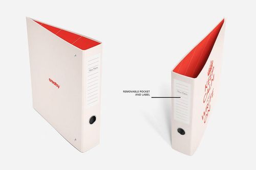 Binder mockup featuring two white binders with removable labels and pockets, displayed on a neutral white surface.