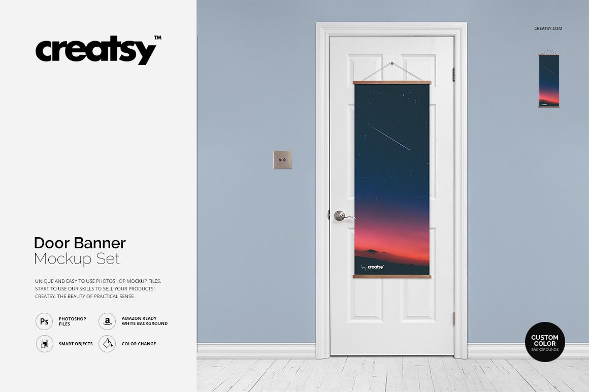 Door banner mockup featuring a vertical banner with a starry sky pattern displayed on a white door in a simple interior.