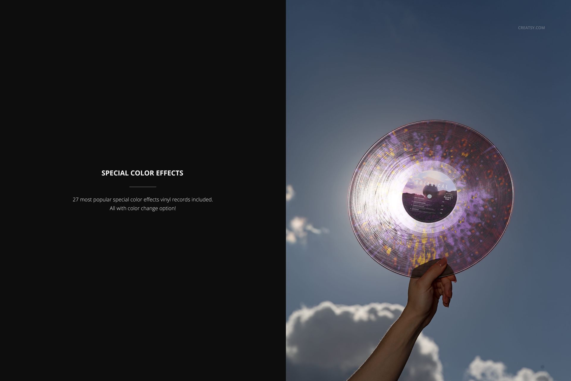 Translucent Colored Vinyl Record in Hand in the Front of the Sky Mockup - mockup screenshot 3