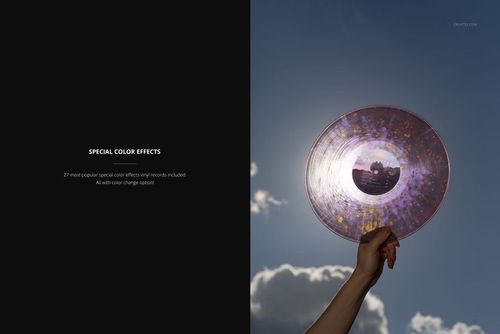 Translucent vinyl record with colorful patterns held up to the sky, sunlight shining through the disc in a mockup scene.