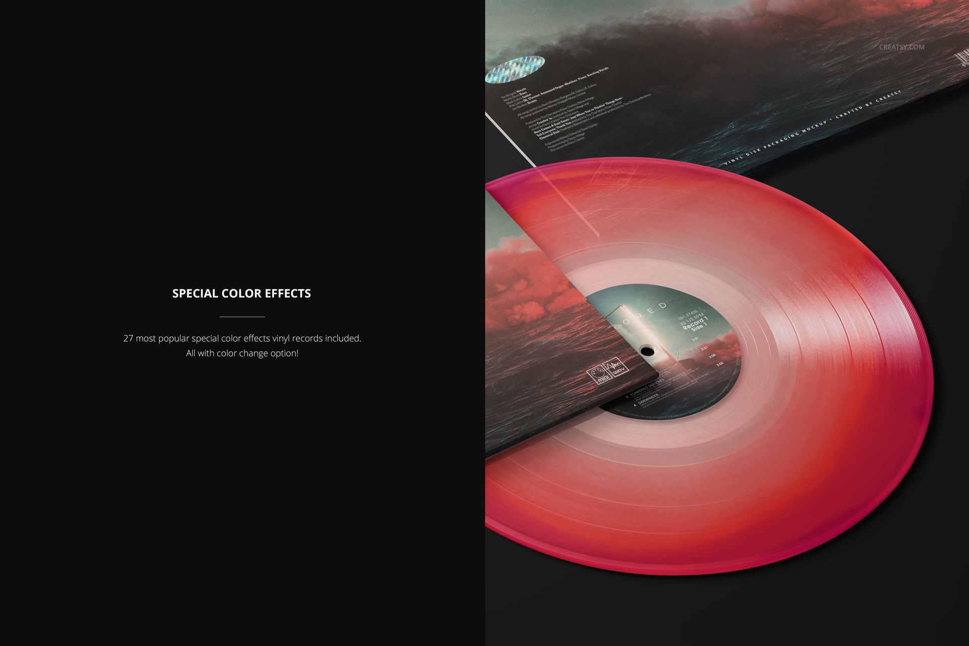 PSD mockup showing a translucent vinyl record in red tones and two album covers with landscape-style designs on a dark background.