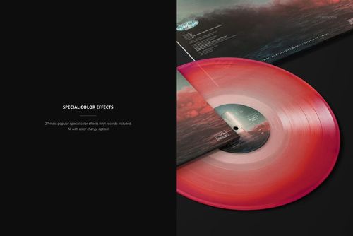 PSD mockup showing a translucent vinyl record in red tones and two album covers with landscape-style designs on a dark background.