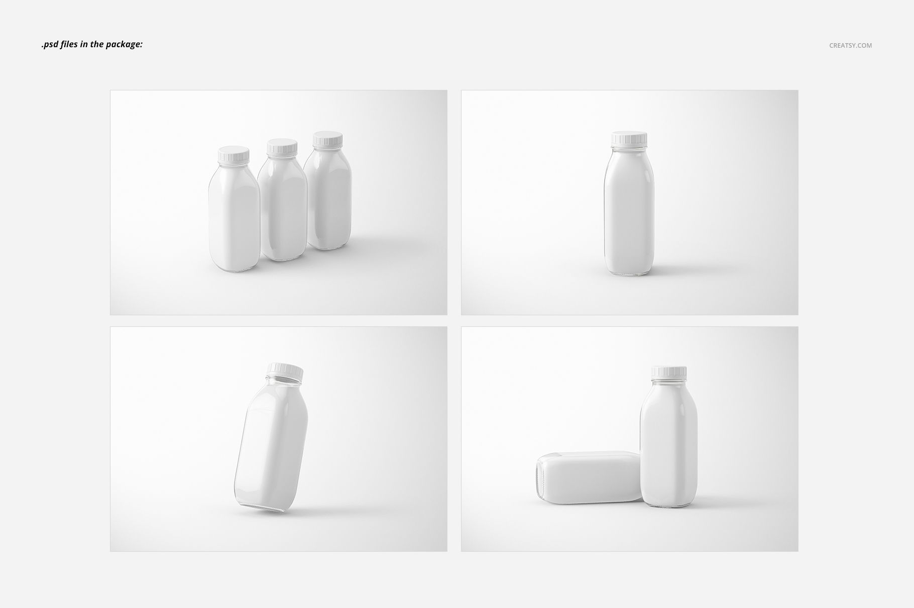 Set of clear glass bottles with white caps displayed in various angles on a plain white background, packaging mockup.