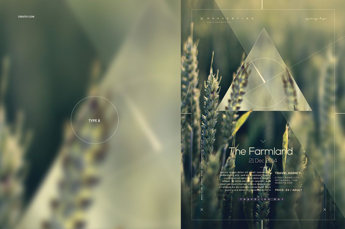 Front view of a nature-themed poster mockup featuring wheat stalks and geometric transparent triangles overlayed.