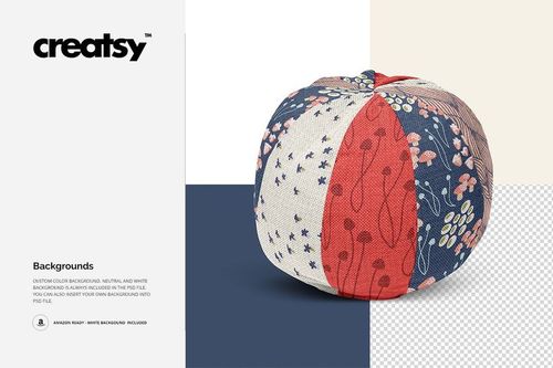 Front view of a round pillow mockup displaying floral and leaf designs in red, cream, and navy colors on a split background.