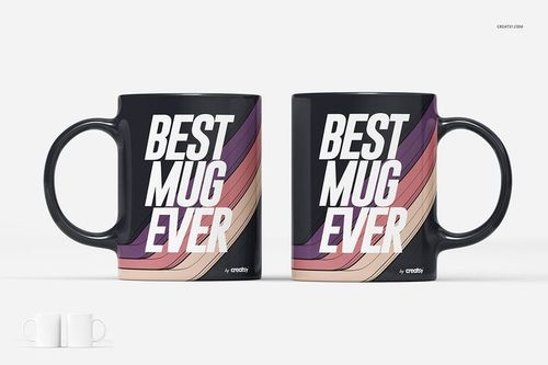 PSD mockup featuring a pair of black mugs with graphic text and multicolored stripe accents, displayed from the front.
